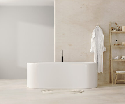 Bathroom interior with bathtub and decorative ladder with cosmetics