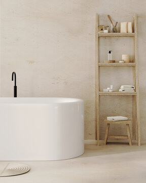 Minimalist bathroom interior with bathtub, 3d render