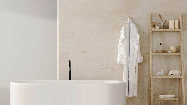 Modern bathroom interior with tub, bathrobe and toiletries on shelves