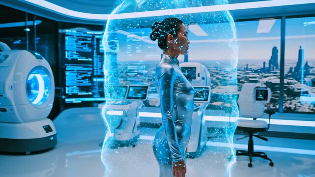 Augmented exosuit testing inside holographic safety pod with Asian female technician, reflective suit and transparent forcefield, control consoles, futuristic machinery, calm focused stance