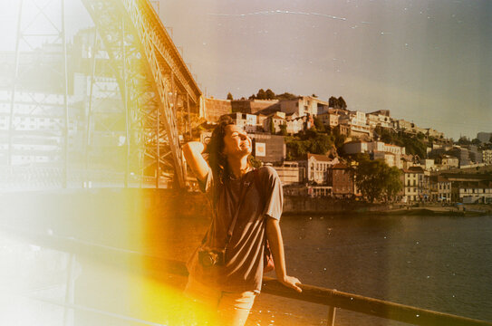 Woman walking in Porto during trip to Portugal, shot on film 