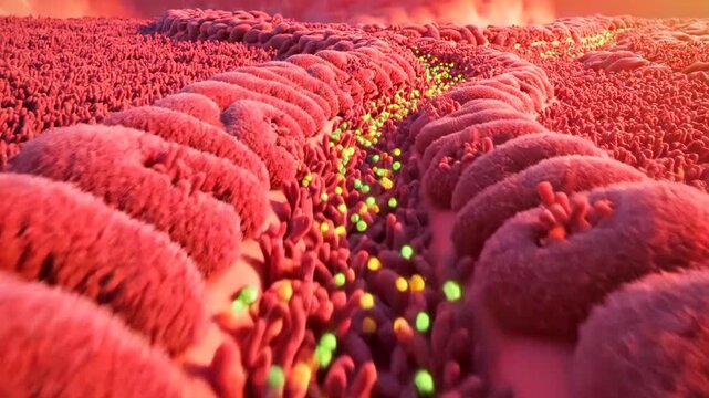 intestinal villi absorbing nutrient particles along mucosal surface, closeup brush border and microvilli, green probiotic like spheres transiting lumen into capillaries, warm lighting