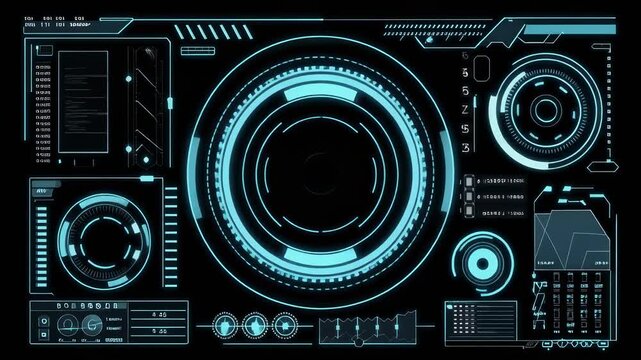 High-tech HUD interface animation featuring holographic diagrams, data lines, rotating rings