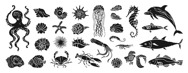 Underwater marine life grunge hand drawn stamp vector illustration set. Octopus, seahorse nautilus shell fish crab, lobster starfish seashells. Modern art press stencil, coastal ocean retro mood © neliakott