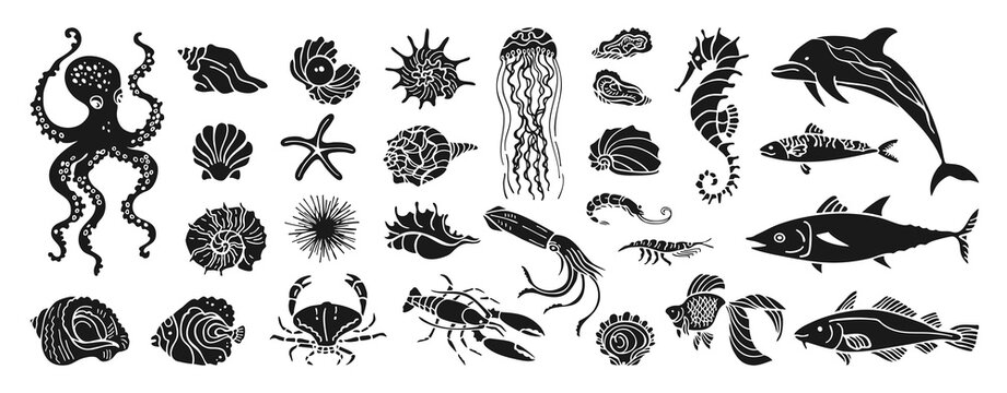 Underwater marine life grunge hand drawn stamp vector illustration set. Octopus, seahorse nautilus shell fish crab, lobster starfish seashells. Modern art press stencil, coastal ocean retro mood