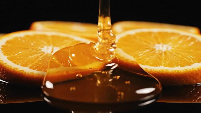 Golden Honey Drizzling Over Fresh Orange Slices on Dark Reflective Surface