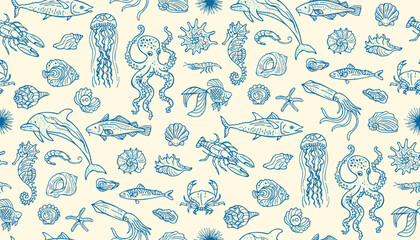 Underwater Marine Life Grunge Hand Drawn Seamless Pattern, Doodle Ocean Mediterranean. Octopus, seahorse shell fish crab, lobster starfish seashells coastal ocean retro mood Background design © neliakott