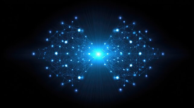 Abstract visualization of interconnected networks with glowing nodes and radiant blue light on a dark background representing data flow and technology concepts