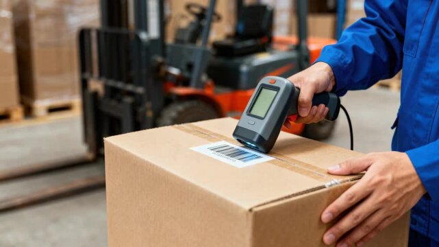 Warehouse worker scanning a barcode on a cardboard box with a handheld scanner in a large depot.