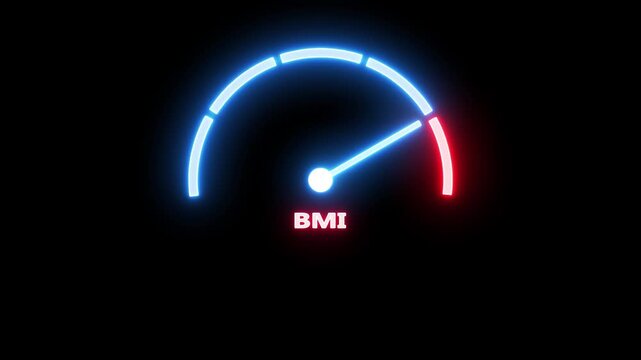 A luminous blue neon gauge with a needle positioned in the red zone, displaying the acronym BMI in neon red text against a stark black background, indicating a potentially unhealthy body mass