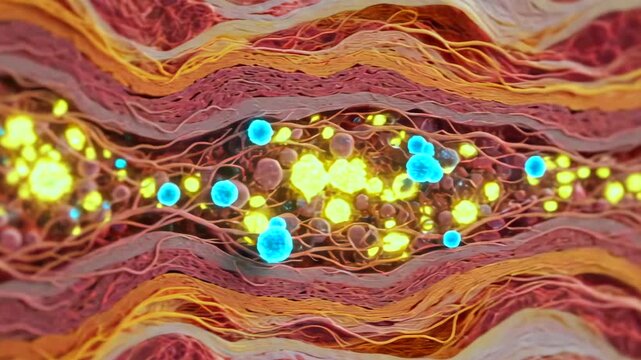 microparticles diffusing through skin layers, epidermis and dermis fibrous matrix with blue and yellow carrier particles releasing payload, controlled topical delivery animation