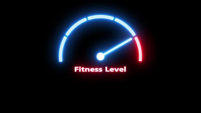 A bright blue neon gauge with a needle in the red section, displaying the words Fitness Level in glowing red neon text against a deep black background, suggesting a low or critical level of