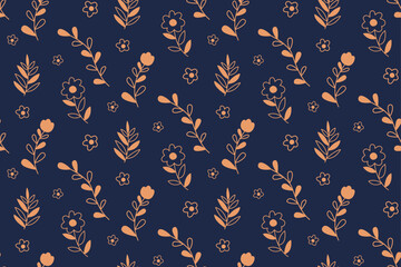 Fototapeta premium Seamless Minimal Line Floral Pattern on Dark Blue Background