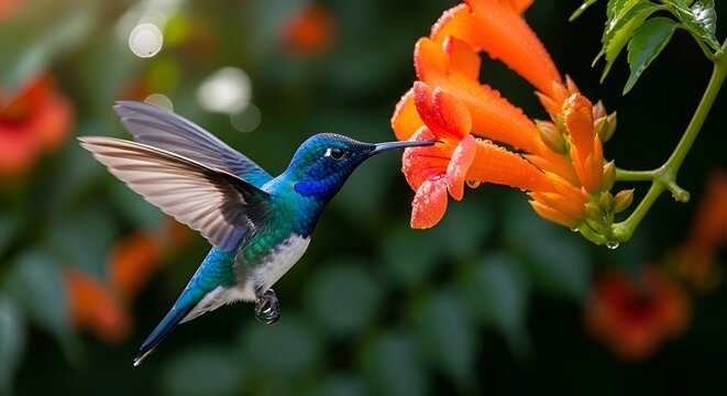 A blue hummingbird hovers near an orange flower in a lush green environment.