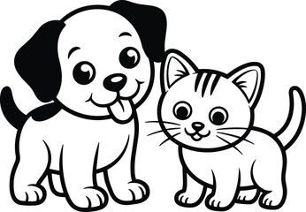 Fototapeta premium Black and white cartoon of a happy puppy and a cute kitten side by side animal
