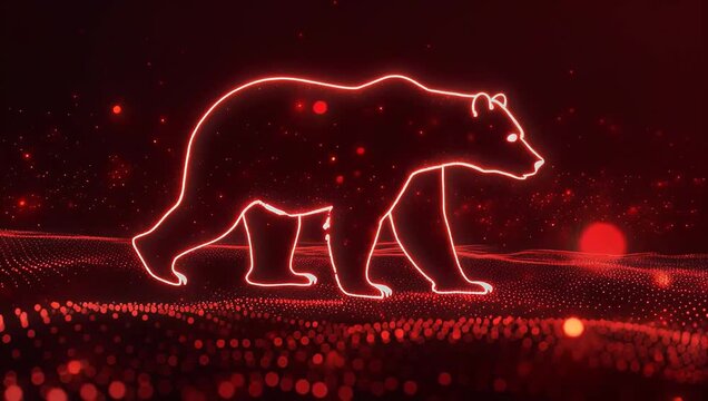 Glowing neon bear and cub walking on red digital landscape, seamless loop animation, symbolizing protection and guidance