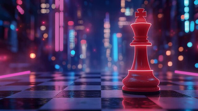 Glowing red king chess piece on a neon-lit chessboard with futuristic cityscape background, slow motion, seamless loop, symbolizing strategic leadership and competitive advantage