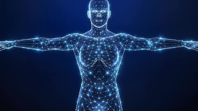 Glowing wireframe human figure with outstretched arms in slow motion animation, representing futuristic technology and digital innovation, symbolizing human connection and advancement