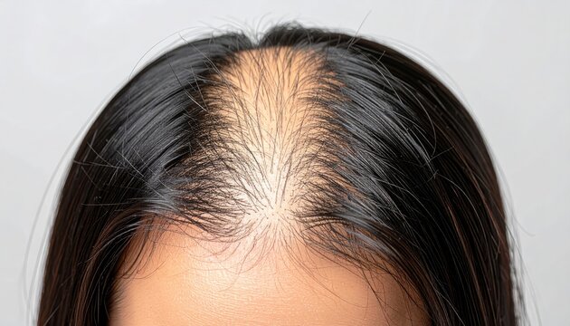 Close-up of a womans scalp showing hair loss and thinning hair, indicating a common hair problem.