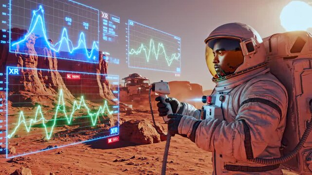 astronaut studies holographic geology charts on mars, red dust landscape with cliffs and rover in background, scientific survey captures terrain data and sample coordinates