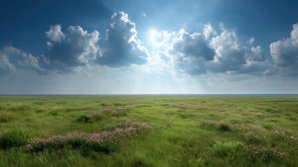 Obraz premium Serene Landscape with Lush Green Grass, Colorful Wildflowers, and Blue Sky Filled with Fluffy Clouds Under Radiant Sunlight