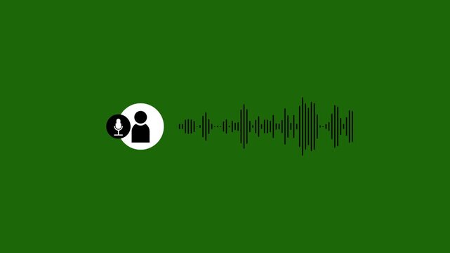 A white microphone within a white circle is to the left of a black sound wave on a green background, representing audio recording or voice input