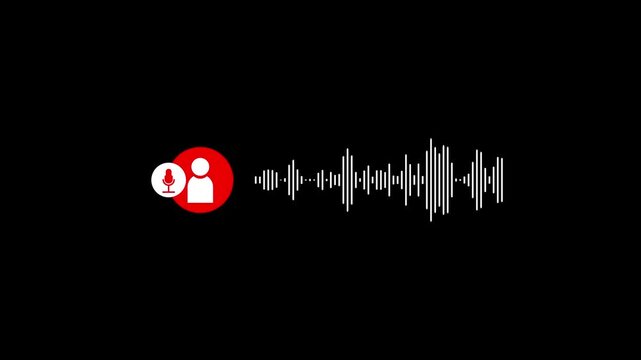A white microphone within a red circle is to the left of a white sound wave on a black background, representing audio recording or voice input