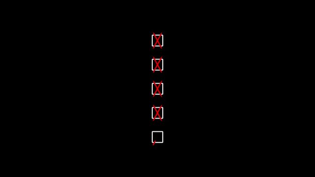 Three square checkboxes on a black background with red crosses in the two and a red line through the bottom one indicating a to-do list or status update