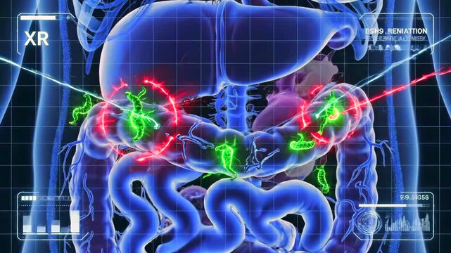 abdominal xr scan shows parasitic invasion with holographic grid, green parasite clusters in intestine, red inflammation hotspots, laser targeting reticle, diagnostic overlays and warning