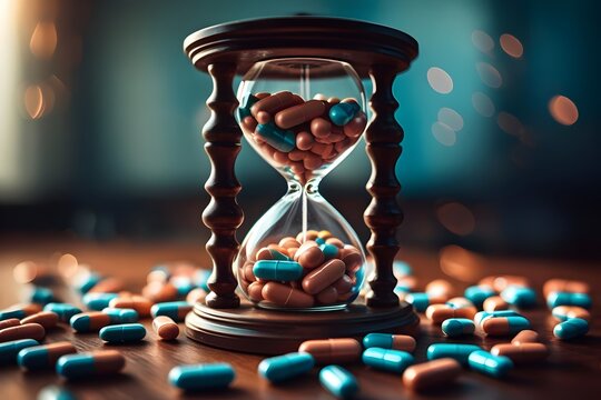 Hourglass Filled with Pills &mdash; Aging Population and Healthcare Concept