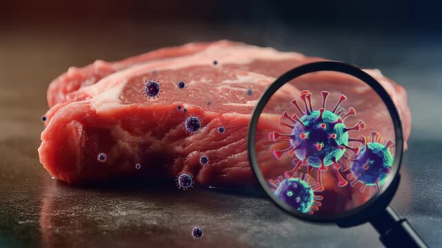 Raw meat contaminated with bacteria and viruses under magnifying glass inspection, highlighting food safety and health risks, symbolizing the importance of proper food handling and contamination