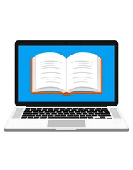 A silver laptop with an open book on its screen