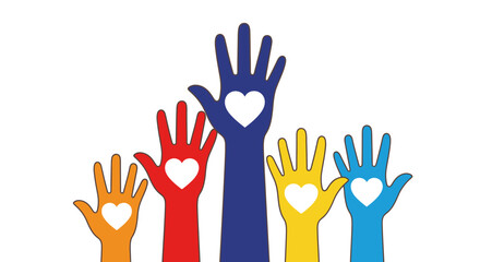 Fototapeta premium Diverse hands with hearts raised up in unity, support, and care vector illustration