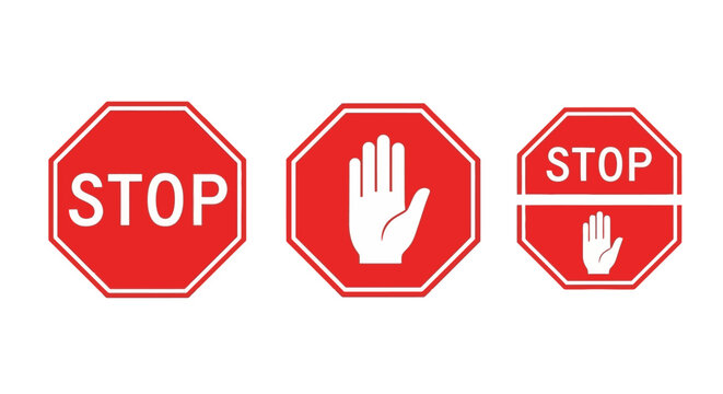 Collection of Three Red Octagonal Stop Signs, Isolated on White Background