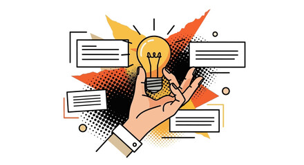 Hand holding a bright light bulb idea symbolizing innovation and inspiration with abstract elements © Windy