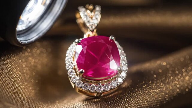 Elegant ruby pendant with diamond halo on golden surface