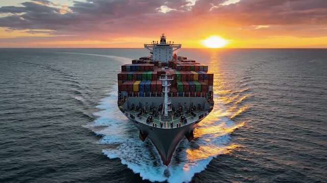 Aerial view of a large container ship sailing on the ocean at sunset.