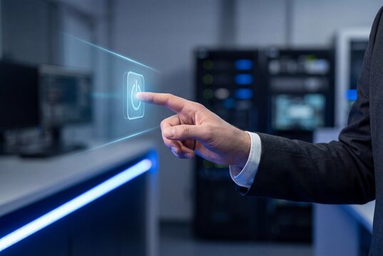 Person in suit touches a glowing virtual button on a transparent screen in a secure server room