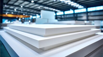 Fototapeta premium Close up view of stacked white boards in spacious industrial setting