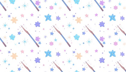 A whimsical pattern of colorful stars and wands on white background