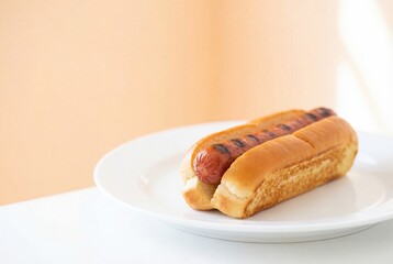 Minimalist grilled hot dog in golden bun on white plate
