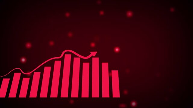 Red Bar Chart and Upward Trend Arrow on Dark Red Background with Bokeh Lights Symbolizing Financial Momentum and Economic Upswing