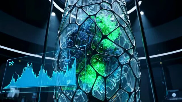 bioengineered vessel with glowing cultures and analytics overlay, green living matrix contained in glass, sterile lab environment, scientist workstation visualizes growth metrics
