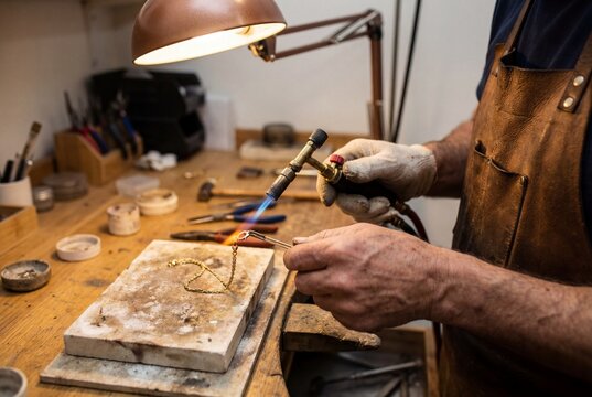 Close up of a jeweler gloved hands soldering a piece of gold jewelry on a workbench