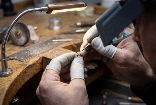 Close up of a jeweler hands with finger cots setting a small diamond into a platinum ring