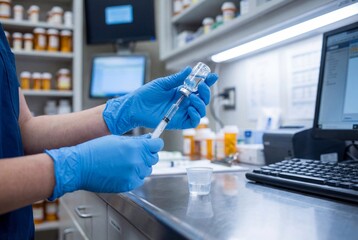 Fototapeta premium Close up of nurse hands in blue gloves preparing liquid medication