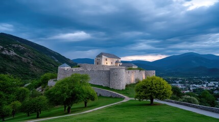 Fototapeta premium Serene Castle on Hilltop at Dusk with Dramatic Clouds and Green Landscape Illuminated by Soft Light in an Idyllic Scenic Setting