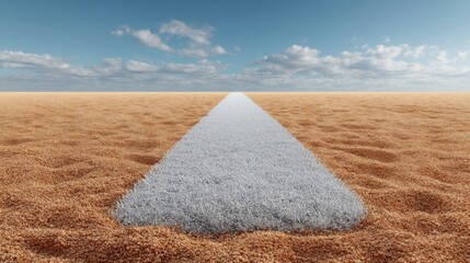 Sandy desert landscape with a white arrow leading towards a clear blue sky, showcasing direction in vast open space and peaceful solitude