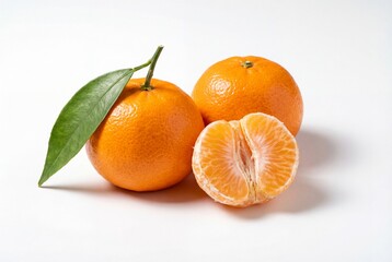 Fresh ripe tangerines including two whole fruits and one peeled half on a white background