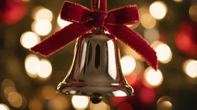 Shiny bell ornament with red ribbon and blurred lights